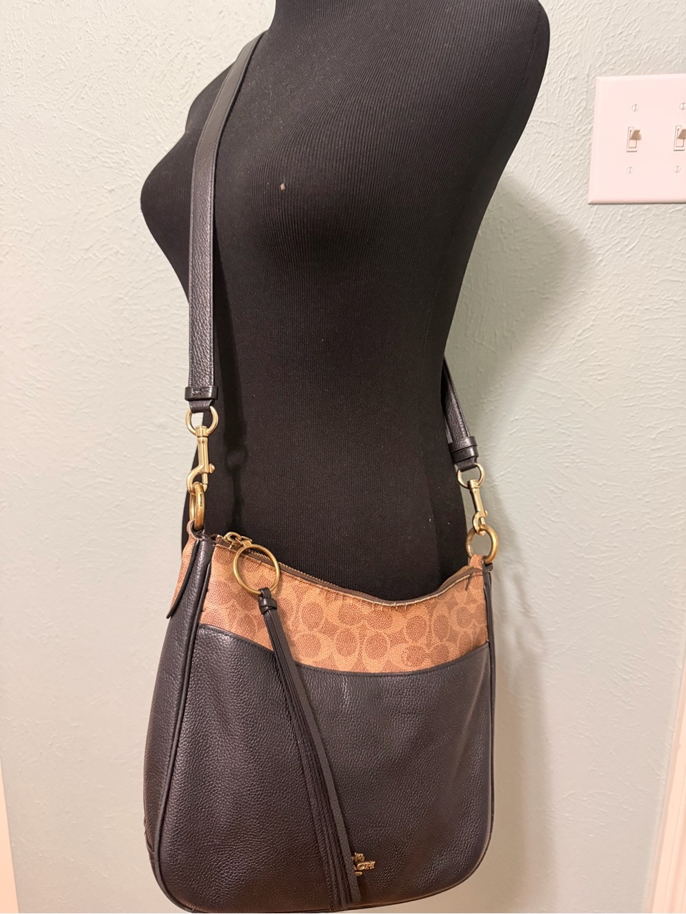 Coach Black Leather and Brown Signature Canvas Shoulder Bag